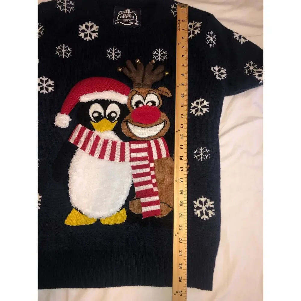 Christmas Sweater Penguin Reindeer Snowflakes Size M Mens Blue Jumper Textured